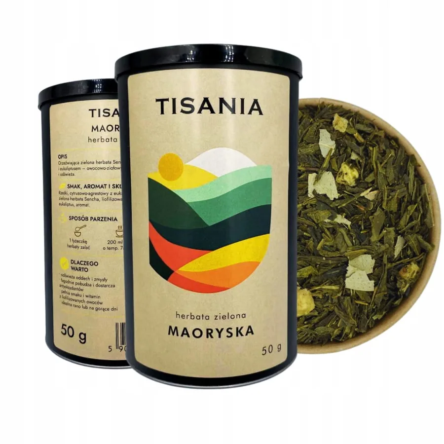 Maoryska herbata zielona Sencha kiwi agrest PREMIUM puszka 50g